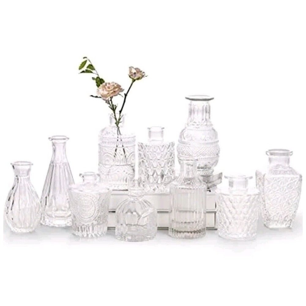 Glass Bud Vase Set of 10 - Small Vases for Flowers Clear Bud Vases